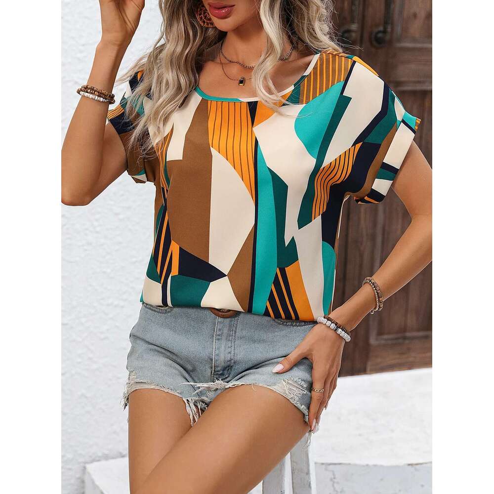 European American Cross-Border Women's Fashionable And Elegant Geometric Pattern Printed Bat Sleeve Shirt