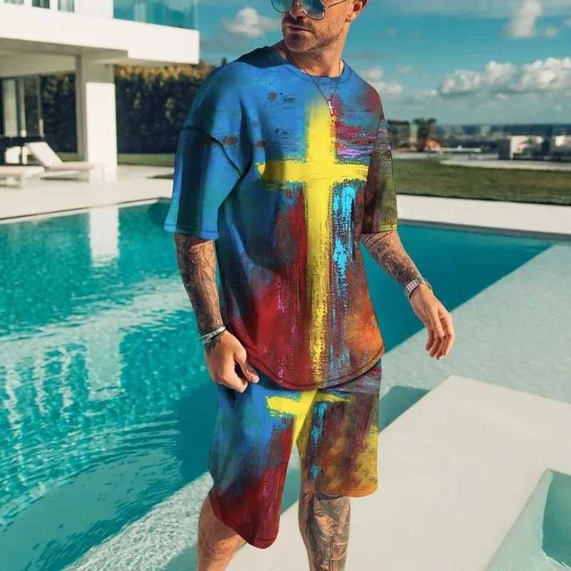 Men Summer Fashion 3D Print T-shirts Creative Casual Colorful Short Sleeved Pullover Clothes Two-piece Beach Shorts High-qualityXJ250218