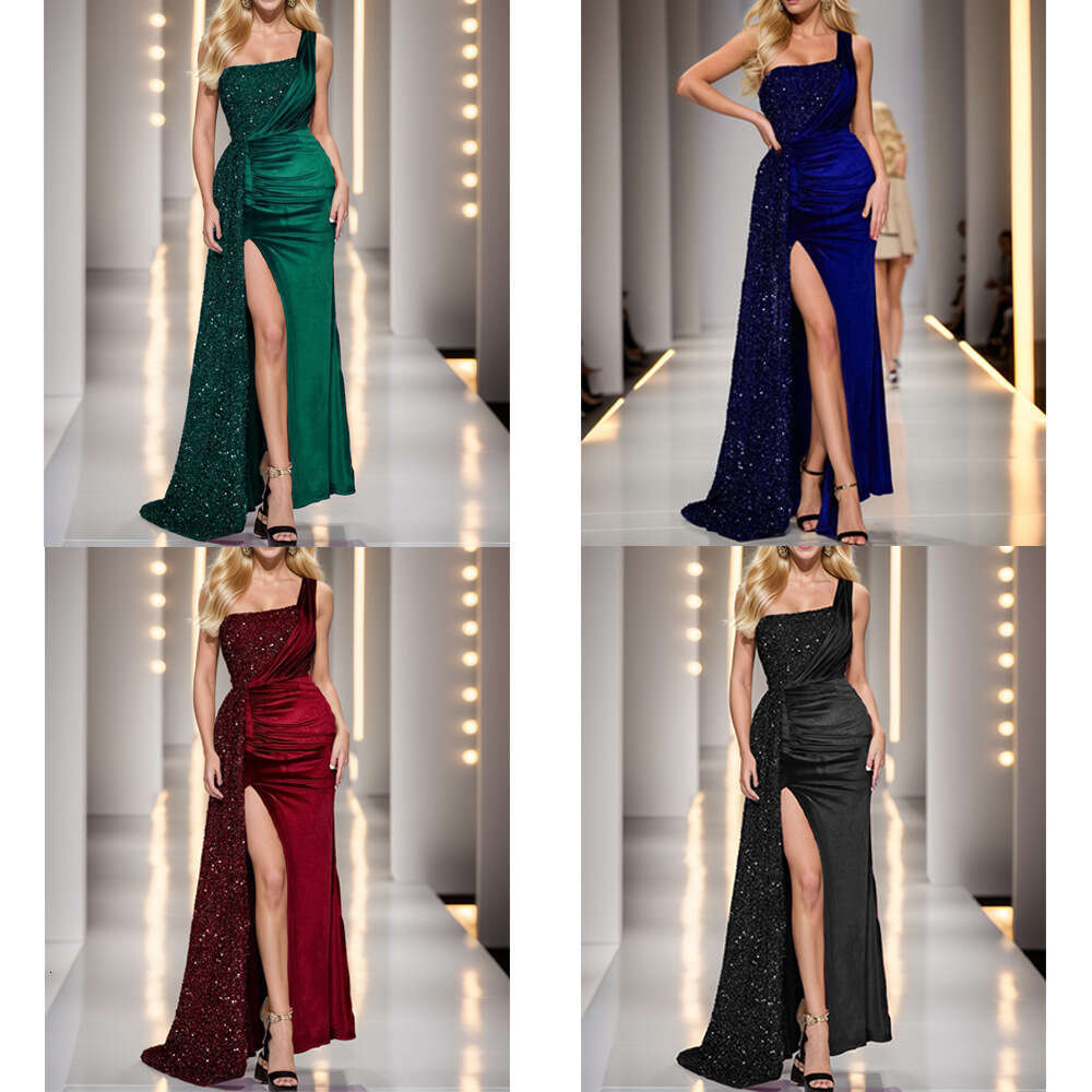 European and American light feeg fish tail high-end banquet host single shoulder evening dress women's 2025 temperament versatile new trend cloth