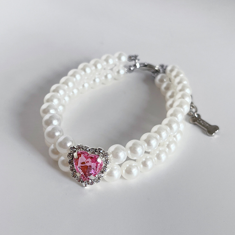 Luxury Double Row Pearl Dog Necklace with Big Pink Heart-Shaped Rhinestones Decorative, Pet Neck Decoration for Small Medium Dogs, Adjustable Pet Neck