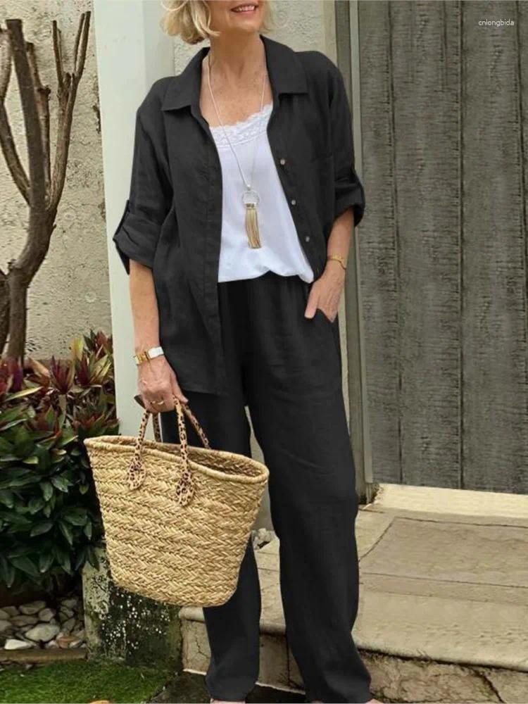 Womens Two Piece Pants 2025 Spring Autumn Lapel Suit Long Sleeve Shirt Loose Set Female Trendy Casual Fashion Ladies 2 Sets