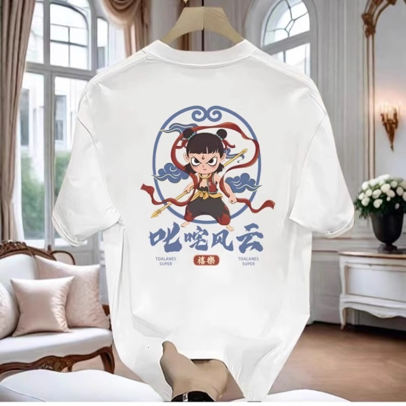 Summer 2025 China-chic Fashion Personality Versatility Casual Trend Nezha Personality Print Men's Designer Round Neck Cotton Short Sleeve T-shirt
