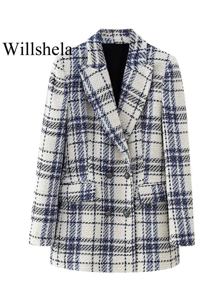 Willshela Women Fashion With Pockets Texture Plaid Double Breasted Blazer Vintage Notched Neck Long Sleeves Female Chic Outfits 250213