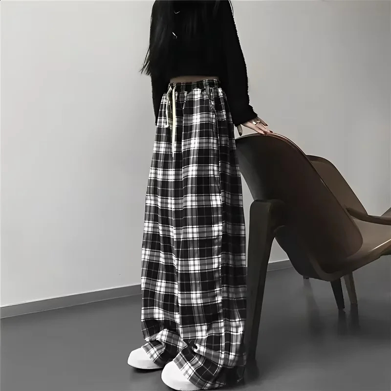 Thin Women Korean Version of High-waisted Wide-leg Pants Casual Straight Hit Color Plaid Elastic Waist Dragging Pants 250218