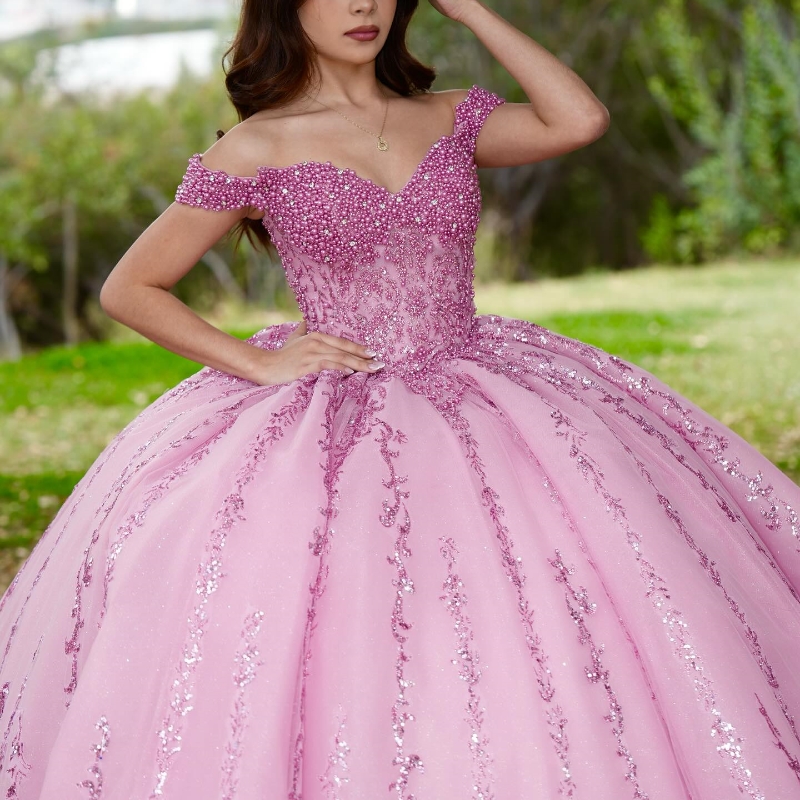 Pink Shiny Quinceanera Dresses Ball Gown Off The Shoulder Sequin Appliques Lace Beading Crystal Tull Sweet 16 Dress Vestidos 15 De Anos