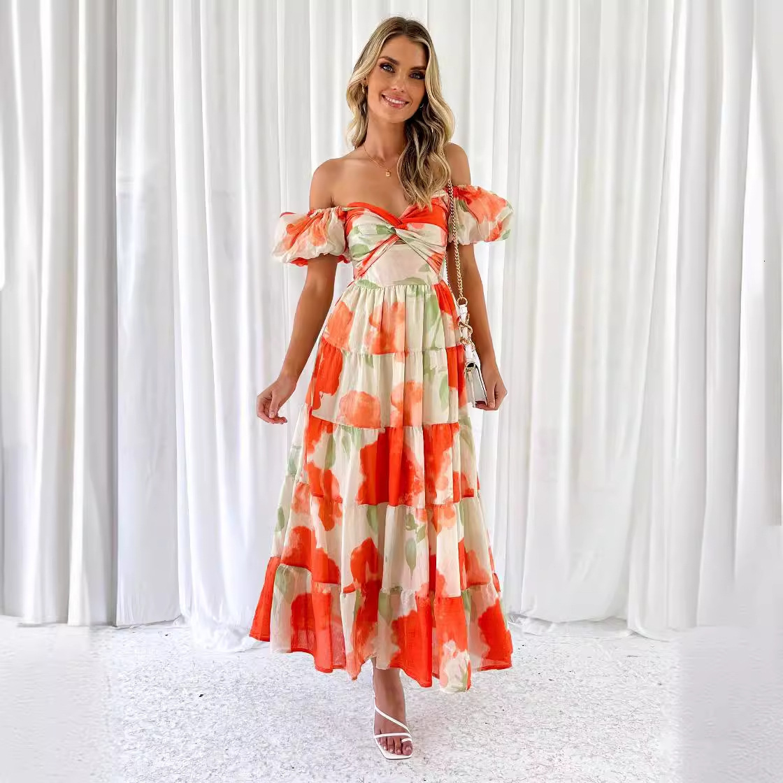 europe and america 2024 spring/summer new style slim fit printed bubble sleeves large hem high end dress for women