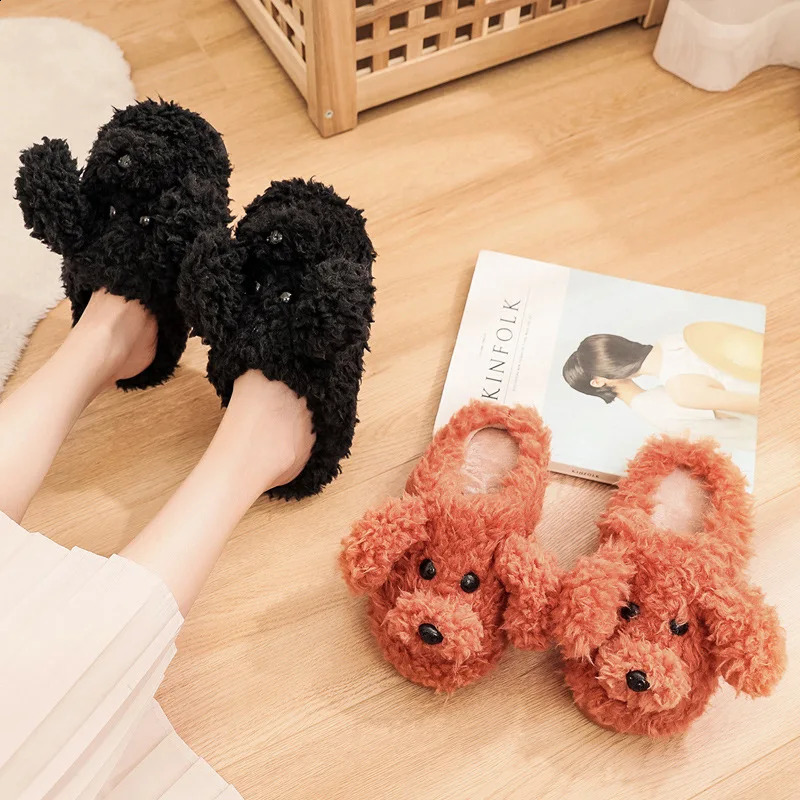 Comwarm Cute Dog Short Plush Slippers For Women Winter Warm Furry Cotton Shoes Couples Home Indoor Bedroom Cozy Slippers 250213