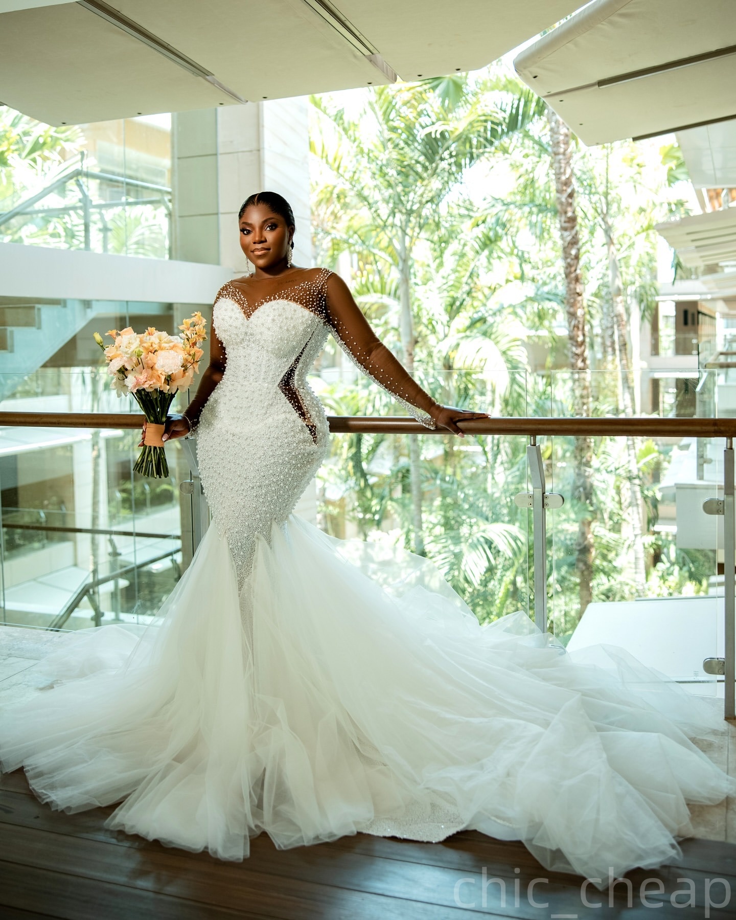 2025 Arabic Aso Ebi Plus Size Ivory Wedding Dress Pearls Beaded Full Sleeves Sheer Neck Tulle Bridal Gowns Dresses ZJ566