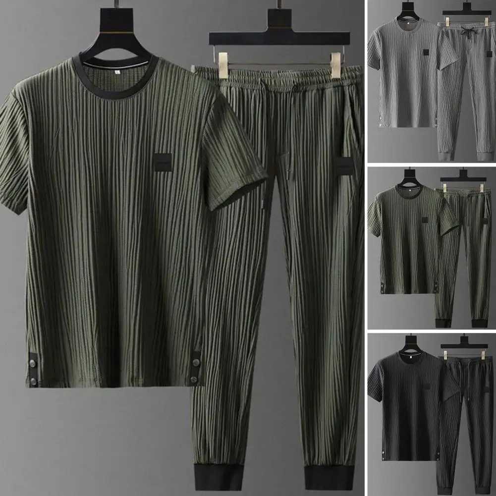 Men Outfit Mens Summer Pleated Tracksuit Set Soft Breathable Shirt Pants Two-piece Casual Sports Suit for Daily Wear High IceXJ250218