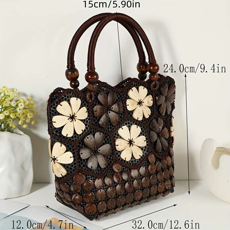 1pc Handcrafted Coconut Shell Bag, Ethnic Style Plastic Handbag with Closure, Polyester ed, No Edge Paint - White & Dark Brown, Secure Zipper Tote ral