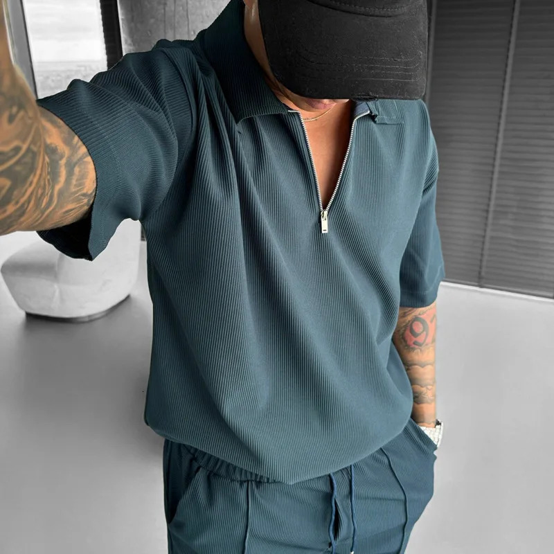 Summer Mens Suits Zipper Polo Casual Short Sleeve Drawstring Shorts Set 250219