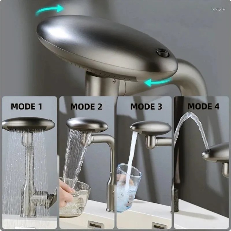 Bathroom Sink Faucets Multi Function Waterfall Basin Faucet 4-mode Flow Type Spray 360 ° Rotation Single Cooling