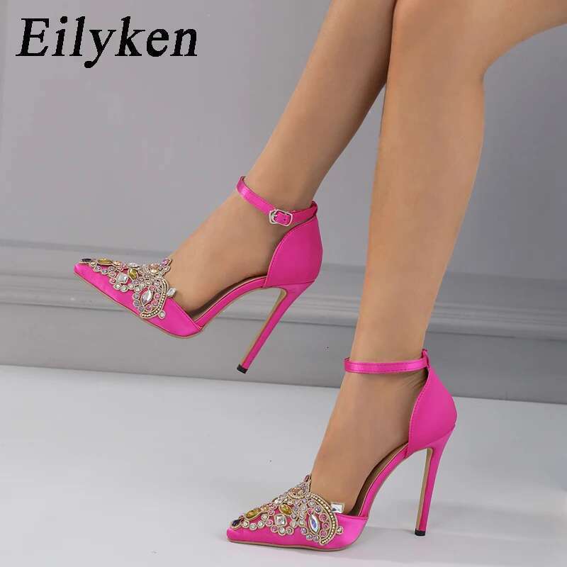 Satin CRYSTAL Pumps Women Ankle Strap Pointed Toe Bridal Stiletto Heels Party Prom Stripper Wedding Shoes atos Mujer