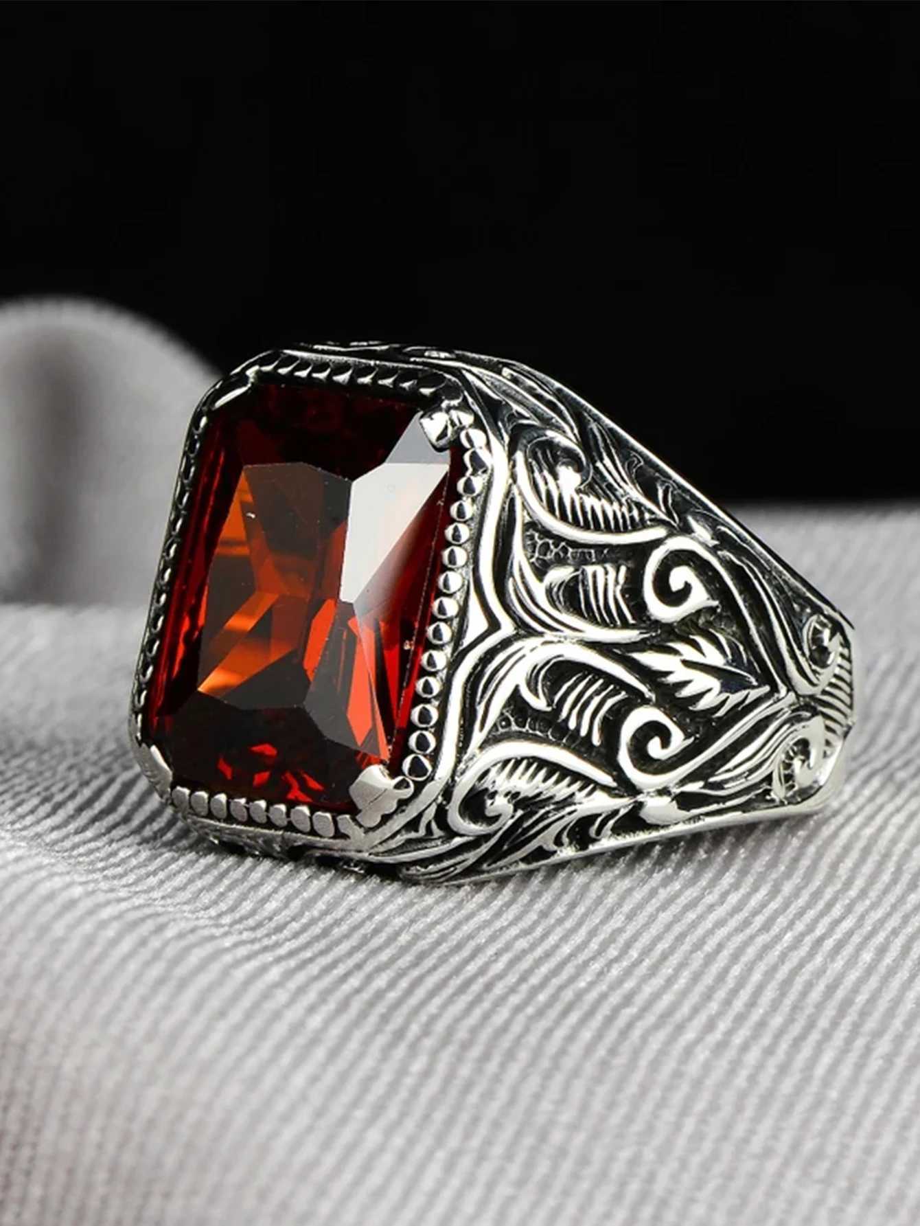 Vintage Handmade Turkish Signet Ring For Men Women Ancient Silver Color Carved Ring Red Yellow Zircon Inlay Punk Motor BikerXJ250219