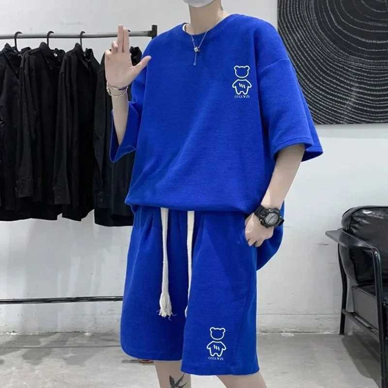 New summer waffle mens clothing Korean fashion short sleeved top 2-piece set sportswear trendy sportswear jogging setXJ250326