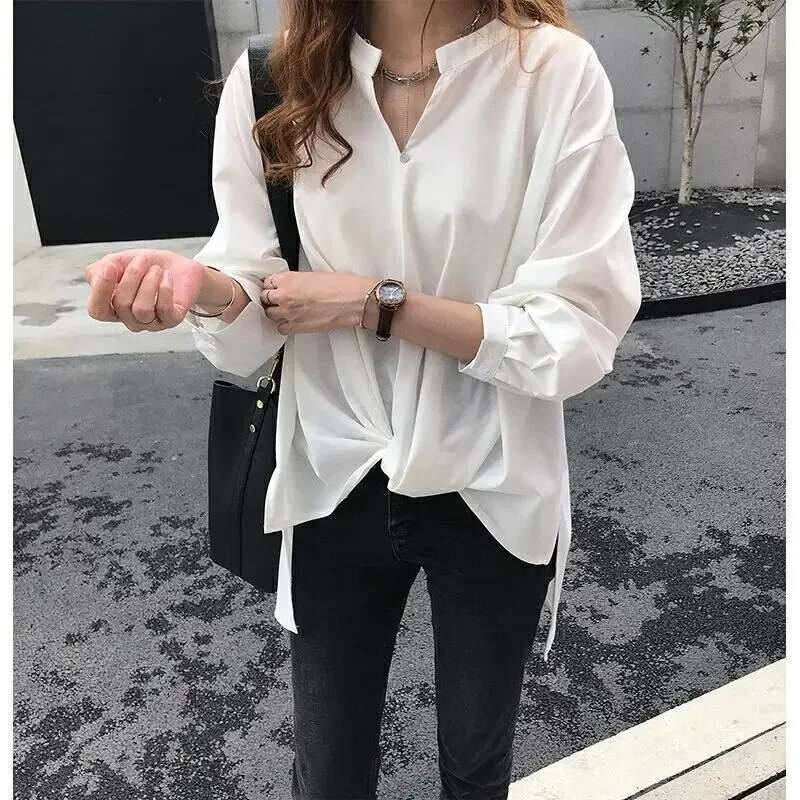Spring Autumn 2024 New Simple Elegant Chiffon Plus Sizes Shirt Long Sleeve Loose-Fit BF Base Layer Top Women's