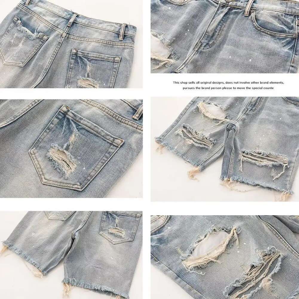 Men's Summer New Designer Denim Shorts Button Zipper Flyover Pocket Short Hip Hop Retro Sports Jeans Straight Tube Hole Knee Length