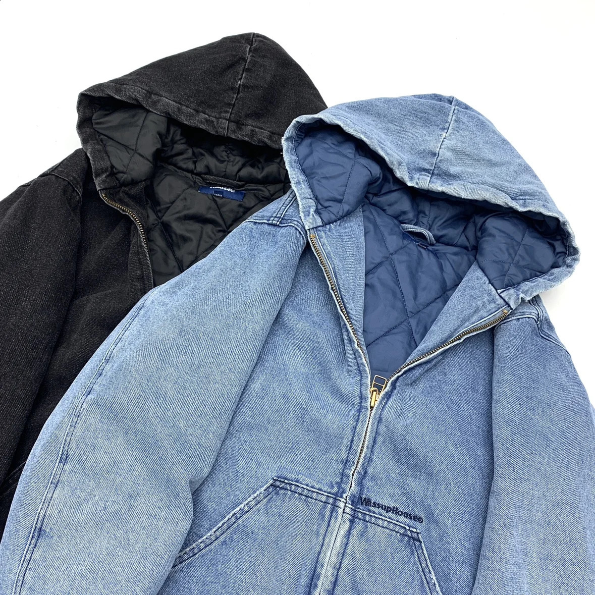 Mens thick cotton padded denim jacket washed zipper hooded loose cotton denim jacket for autumn and winter 250214