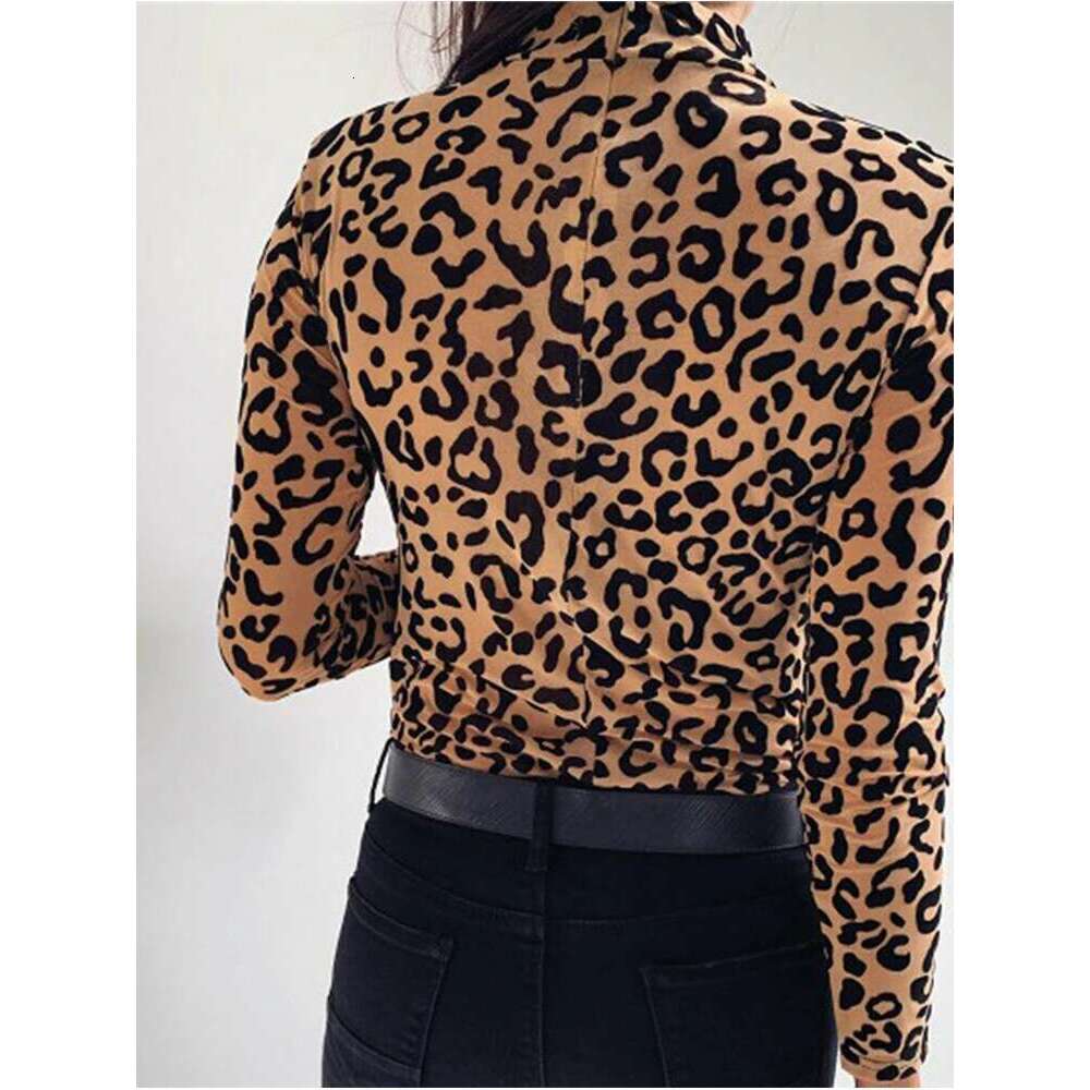 Women Fashion Leopard Print Turtle Neck Blouse Autumn Long Sleeve Shirts Party Ladies Clothes Womens Blouses And Tops