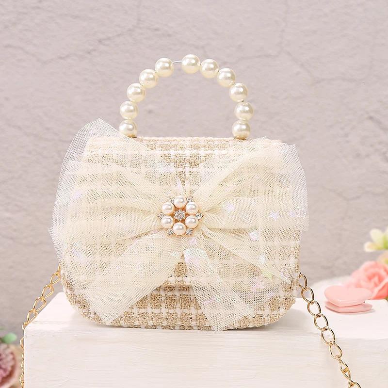 Kids Linen Purses and Handbags Cute Girls Princess Mini Crossbody Bag Bowknot Toddler Party Pearl Tote Hand Bags Gift 250219