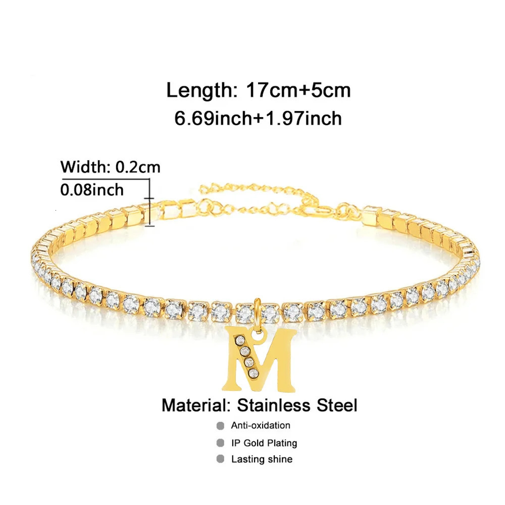 Drop Classic AZ CZ Zircon 26 Initial Pendant Charm Bracelet Women 2MM Tennis Chain Stainless Steel Wedding Jewelry 250213