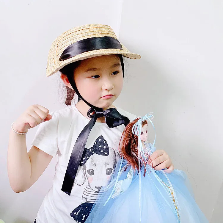 Cute Vintage Children Baby Girls Straw Plaited Hat Lace Up Beach Holiday Outdoor Summer Sun Block Hat Cap for Kids Sun Hats 250219