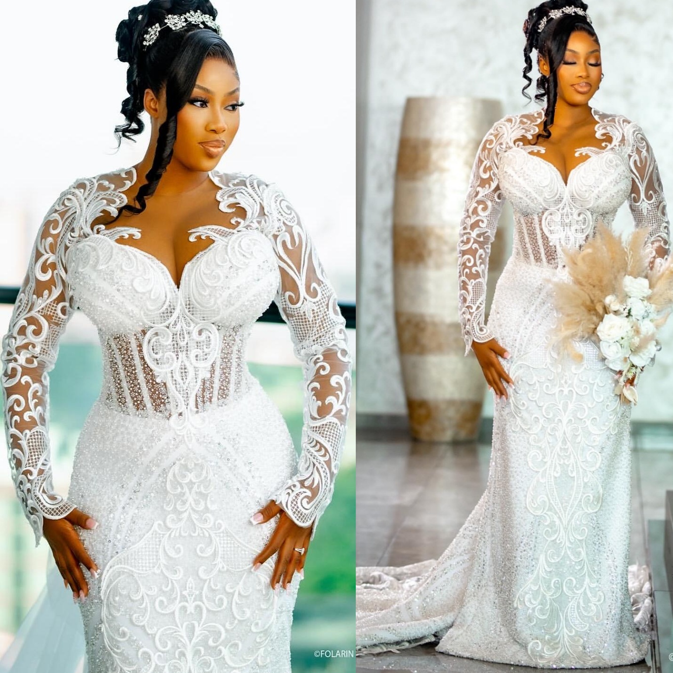 2025 Arabic Aso Ebi Plus Size Ivory Wedding Dress Sequined Full Sleeves Vintage Charming Bridal Gowns Dresses ZJ0466