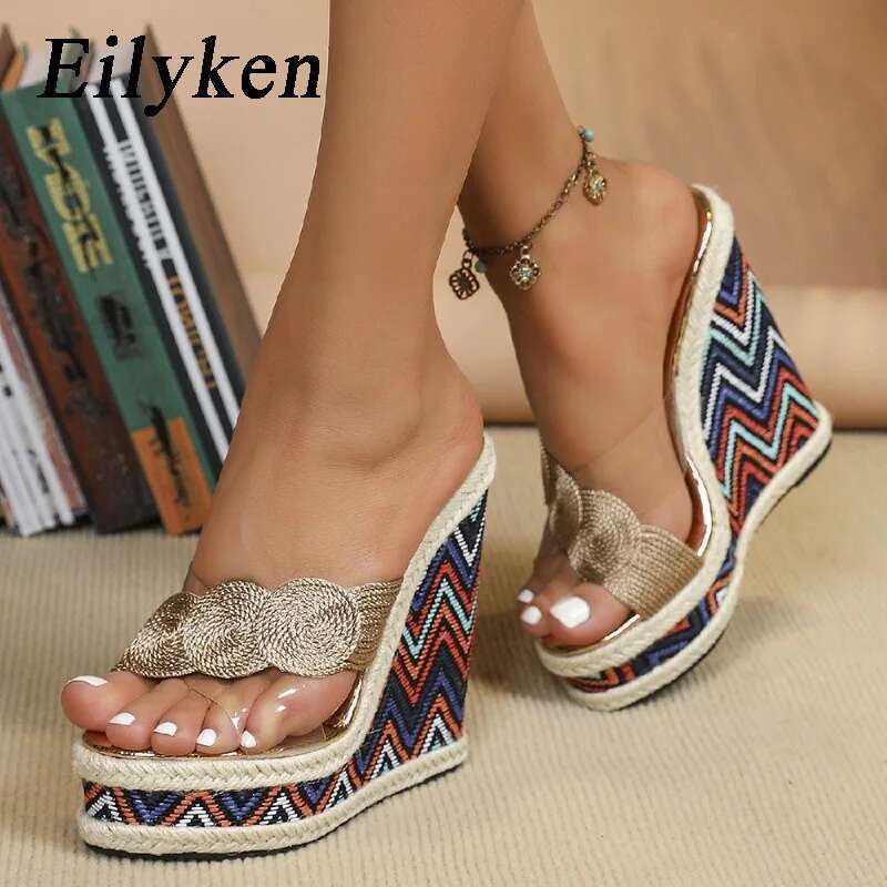 Plus 34-43 Summer PVC Transparent Hemp Weave Slide Slippers Woman Open Toe Chunky Platform Wedges High Heels Shoes