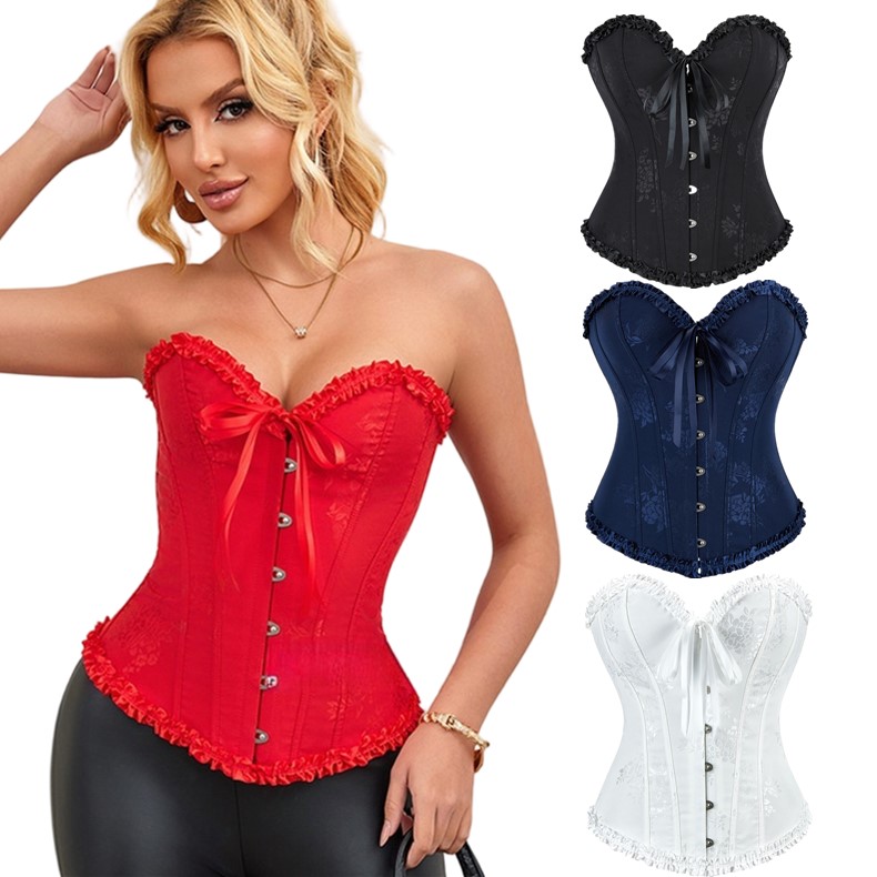 2025 New Chic Women's Jacquard Overbust Corset in Floral Brocade Fabric with Ruffle Trim and Ribbon Details Black White Red Dark Blue