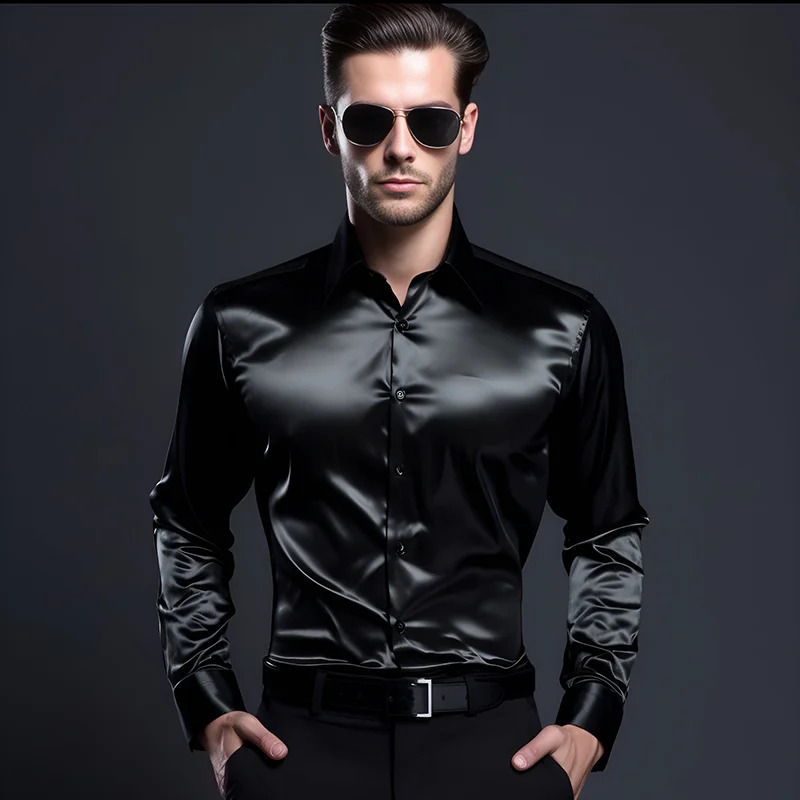 Men Satin Shirts Mens Dress Shirts Long Sleeve Casual Social Male Clothes Chemise Homme Shirt S40 250214