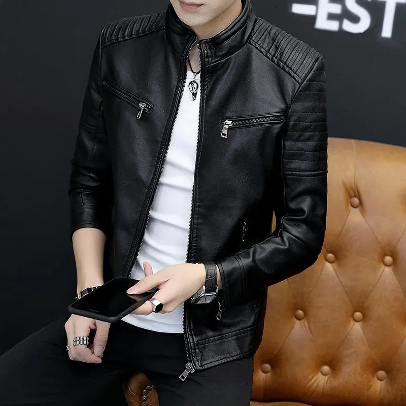 Solid Color Crossborder Leather Jacket For Men Trendy Motorcycle Vest Windproof Slimming Smooths Your Silhouette 250210