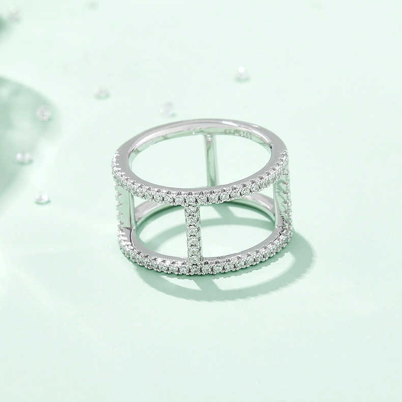 Luster Elegant Modern Style 925 Sterling Silver H-shaped Row Design Paving Moissanite Ring Band for Women