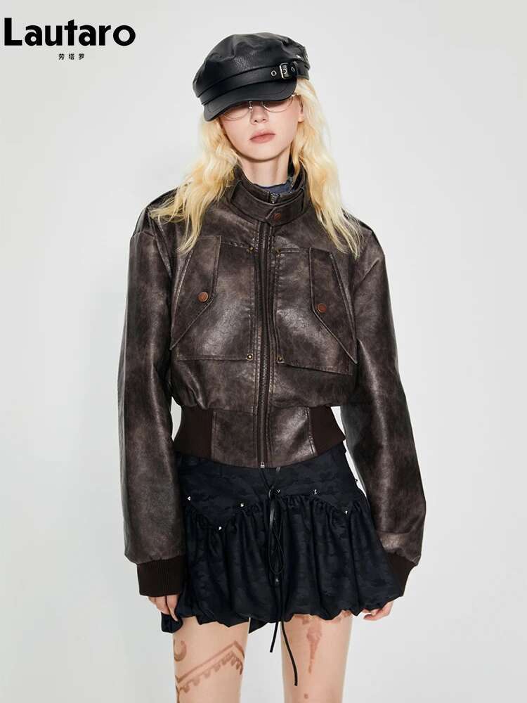 Lautaro Spring Autumn Cool Handsome Short Distressed Brown Waterproof Pu Leather Jacket Women Zip Up Designer Clothes