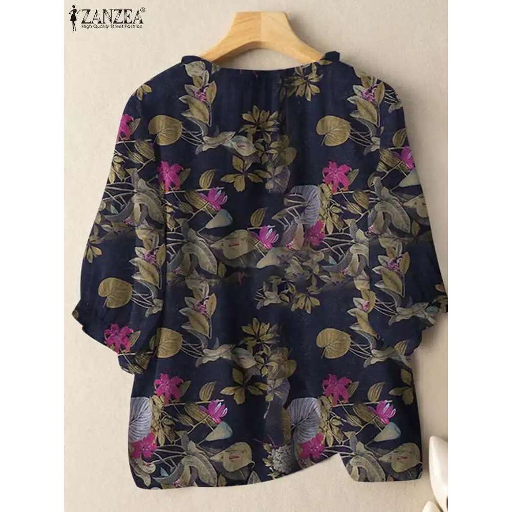 ZANZEA Fashion Sunnmer Top For Women Vintage Ral Printed Blouse Holiday Shirt 3/4 Sleeve Tunic Elegant Work OL Blusas Chemise