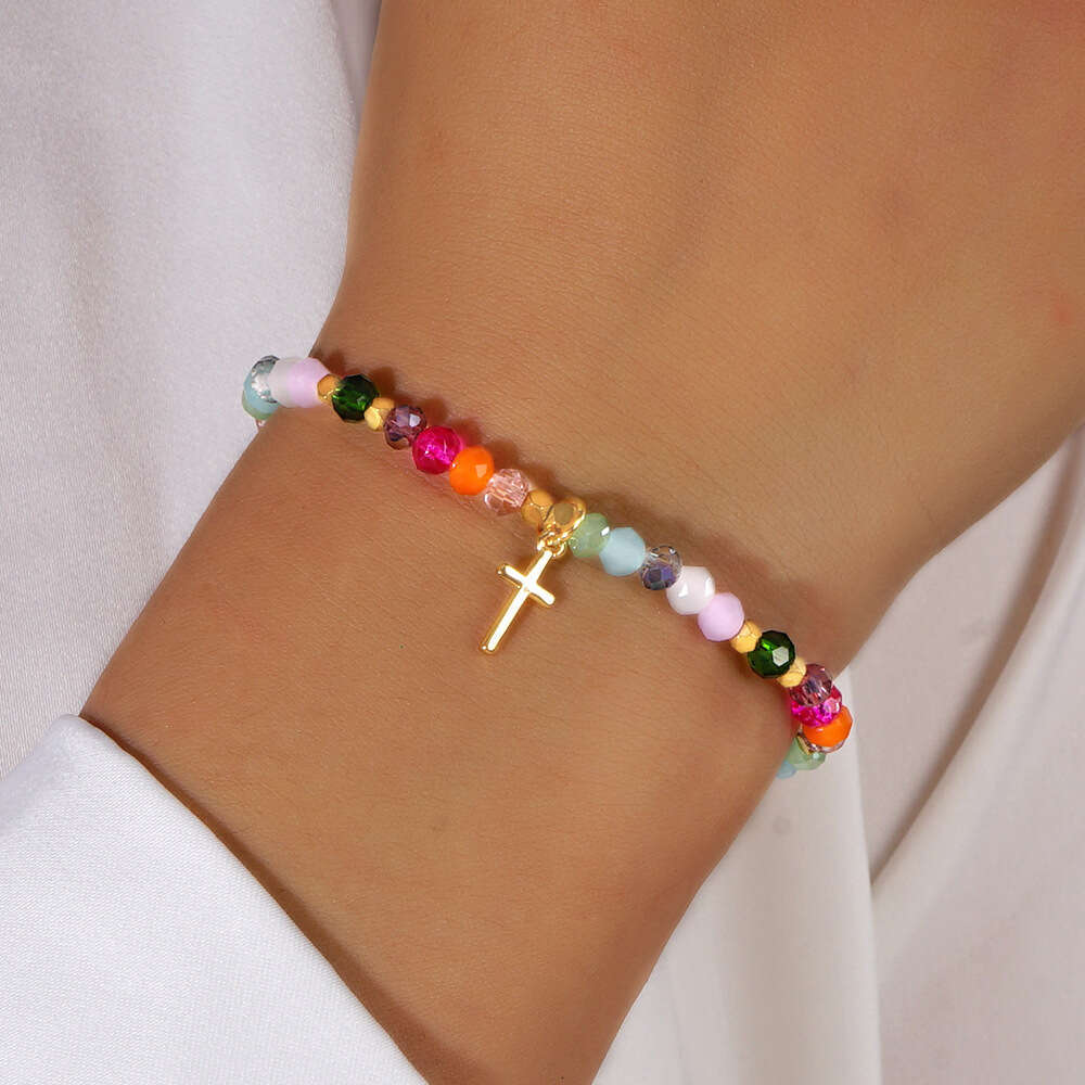 Fashion Easter Card Cross Square Iron Gallstone Colorful Crystal Bracelet for Girls