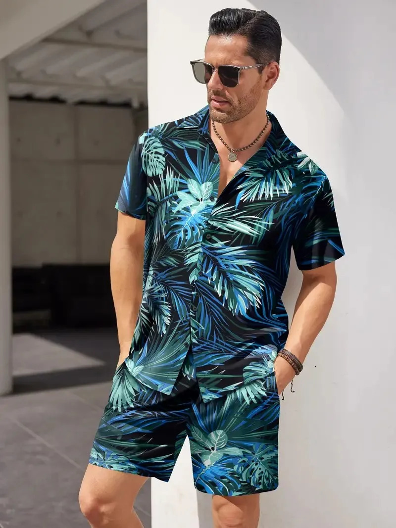 Summer Mens Lapel POLO Shirt Suit Hawaii Printed Pattern Sportswear Casual Oversized Top Shorts Breathable Plus Size 250219