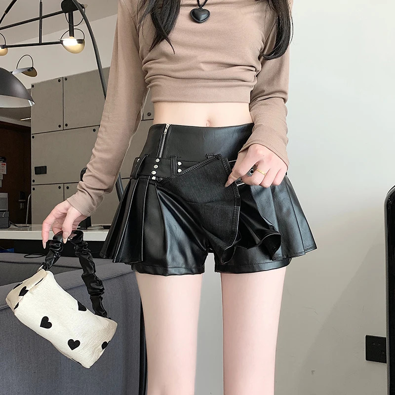 Womens Black Gothic Aline Pleated Leather Skirt Y2k Mini Shorts Skirts Harajuku Korean Emo 2000s Vintage Clothes Summer 250213