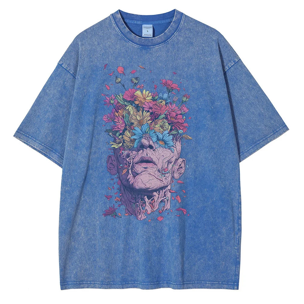 Heavyweight Pure Cotton T Shirts Flowers Emerging Out of Human Eyes and Heads Graphic T-shirts Vintage Van Gogh Style Mens Tops 250217