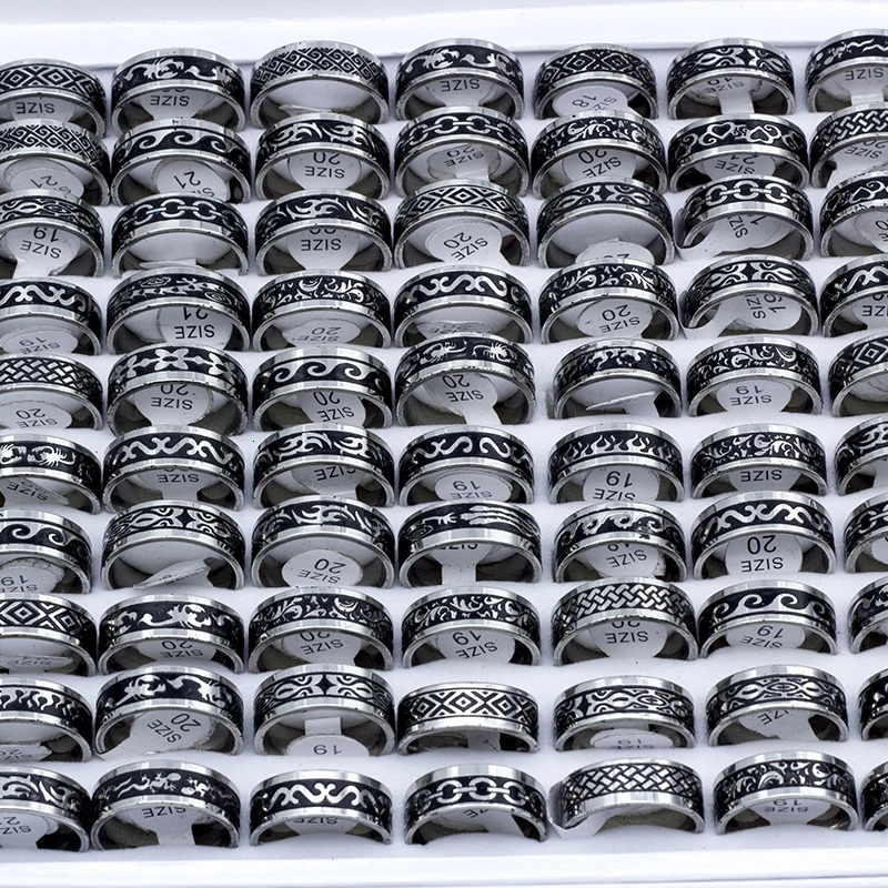 24 Pieces/lot Vintage Retro Style Stainless Steel Rings For Men and Women Fashion Carved Ring WholeSale 250218