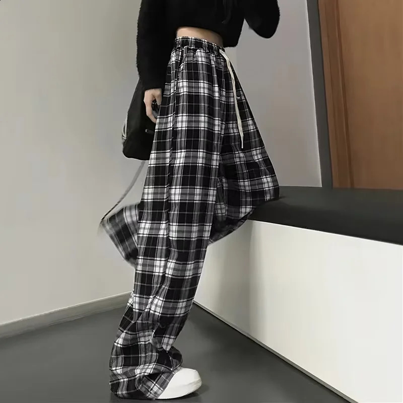 Thin Women Korean Version of High-waisted Wide-leg Pants Casual Straight Hit Color Plaid Elastic Waist Dragging Pants 250218
