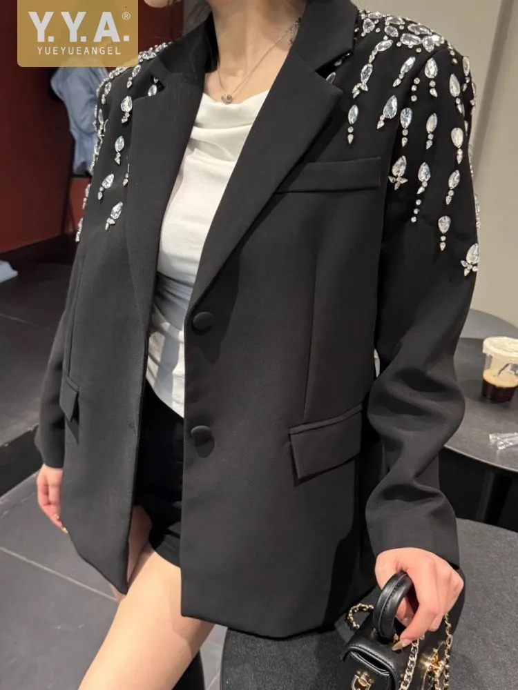 Autumn Women Diamonds Beading Loose Fit Mid Long Blazer Suit Coat Office Ladies Work Tops Boyfriend Style Party Jacket 250213