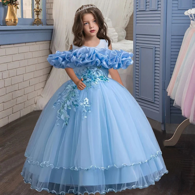 Elegant Girl Party Dress Long Wedding Bridesmaid Dress 4-13 Year Old Mesh Embroidered Graduation Ball Evening Dress 250311