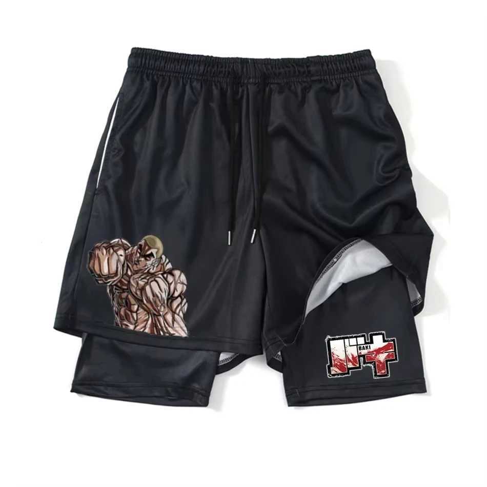 Anime Hanma Baki Gym Shorts Black for Men 2 In Mesh Quick Dry Board Shorts Mens Bodybuilding Fitness Running Short Pants Summer W250219