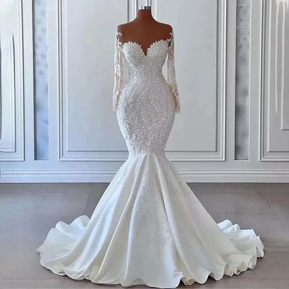 Custom Made Long Sleeves Dresses 2023 Mermaid Sweetheart Beads Lace Sheer Mesh African Woman Bridal Wedding Gowns