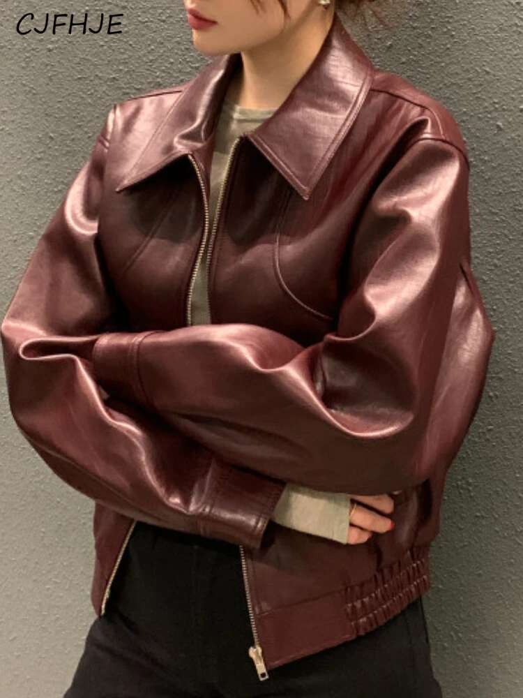 CJFHJE Fashion Trench Jackets Women Streetwear Moto Biker Zipper Jacket Casual High Street Cropped Leather Coats