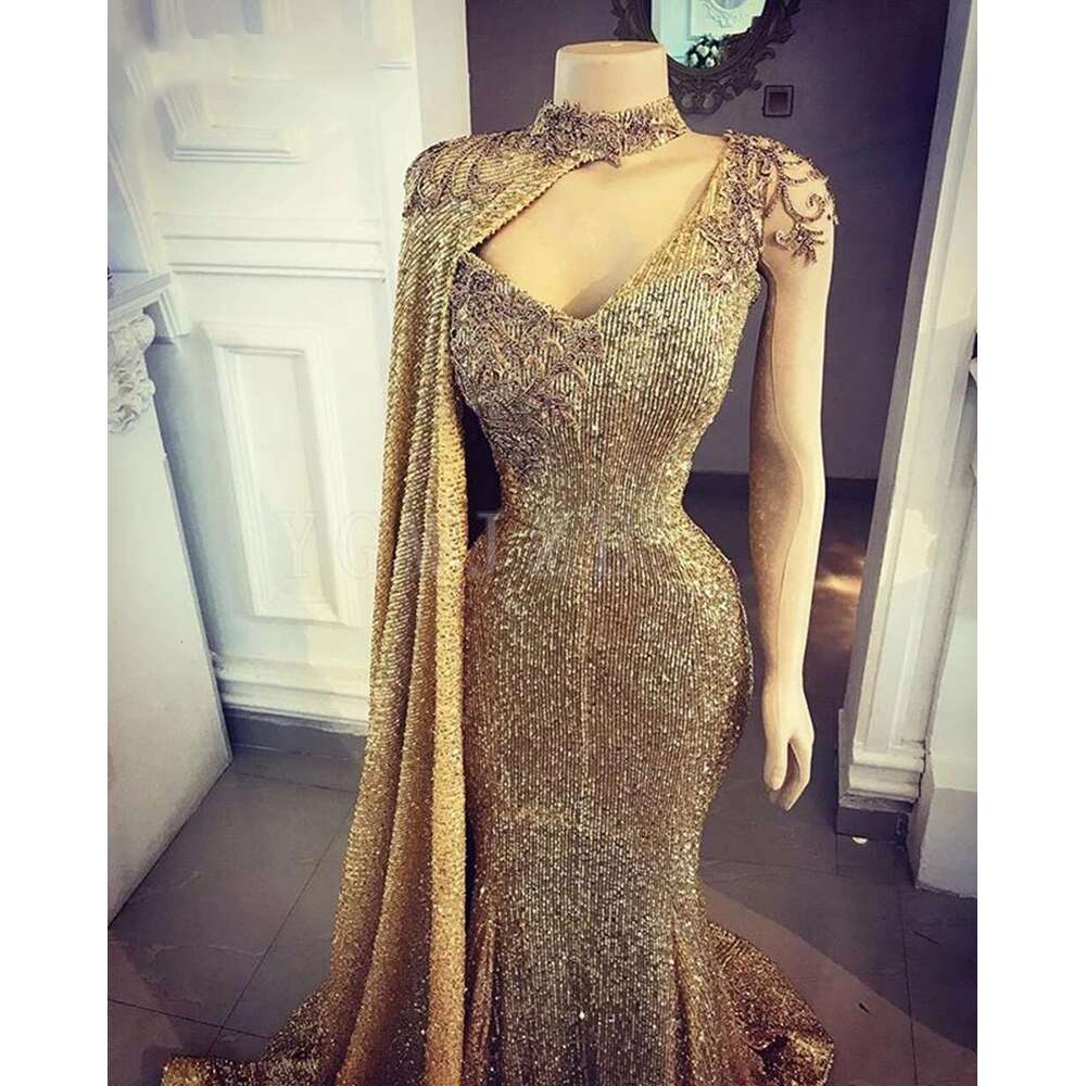 One Shoulder Gold Evening Dress Long Mermaid Sparkly Sequin Beads with Shawl Formal Prom Party Gown Special Ocns Customized