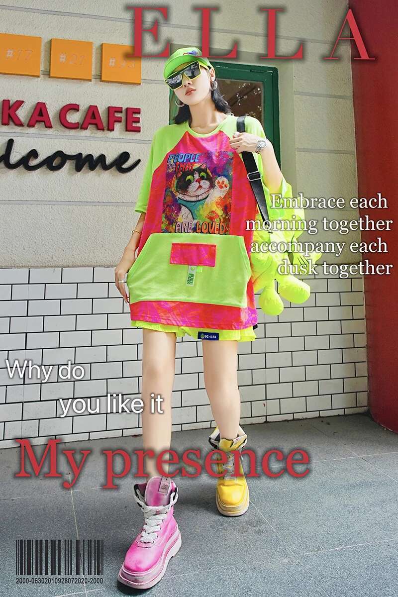 Spring Summer 2024 Fluorescent Green Contrast Color Colorful Letter Cat Fashion Brand Casual Loose Short Sleeves T-shirt Women