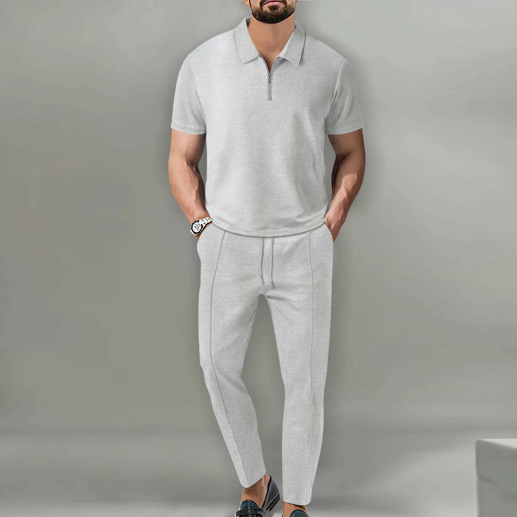 2025 New Mens POLO Shirt 2 Sets Casual Fashion Commercial Breathable Lapel Pants pull rope Solid Color Men 2 setsXJ250218