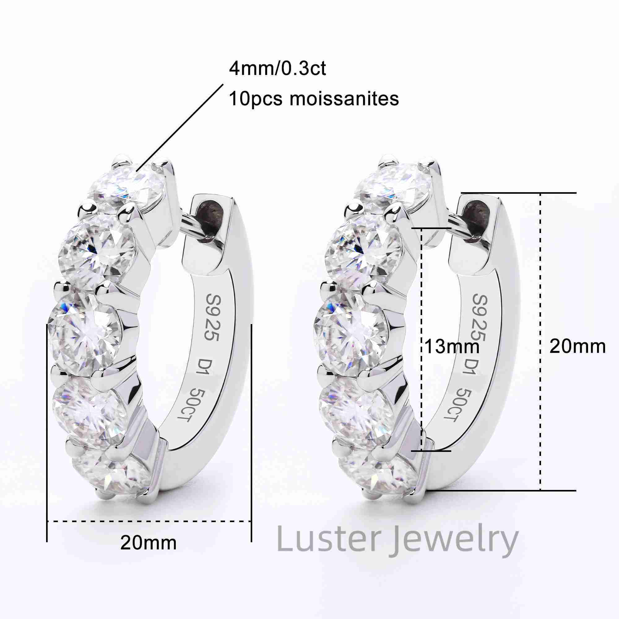 Luster Bling 0.3ct Round Moissanite Diamond Half Eternity Pave Huggie Silver 925 Moissanite Hoop Earrings for Girls