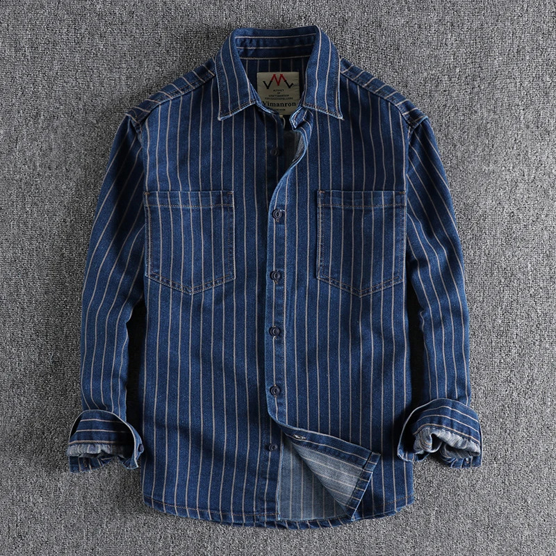 European and n retro yarn-dyed striped jeans shirt men wash khaki fashion youth loose casual thin coat 250214